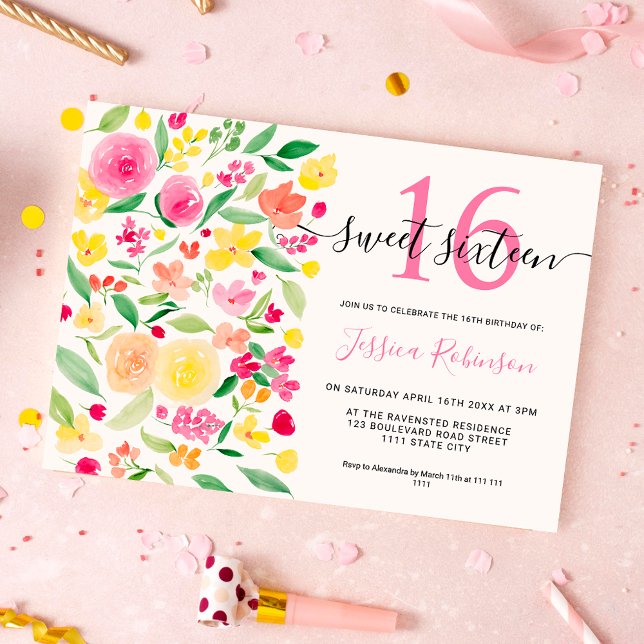 Summer floral watercolor pink Sweet 16 photo Invitation (Summer floral watercolor pink Sweet 16 photo Invitation)