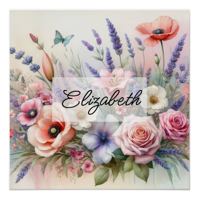 Summer floral watercolor roses lavender poppy  poster (Front)