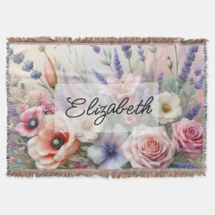 Summer floral watercolor roses lavender poppy throw blanket