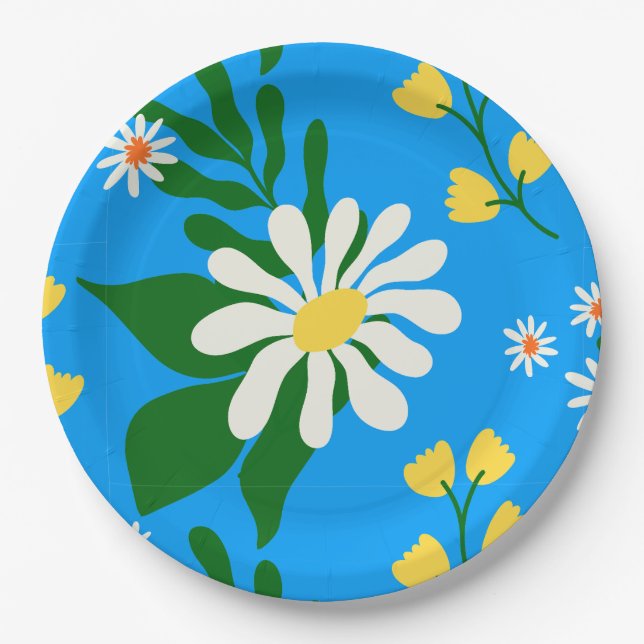 Summer Flower Bouquet on Blue Paper Plate (Front)