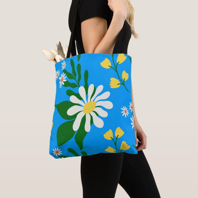 Summer Flower Bouquet on Blue Tote Bag (Close Up)