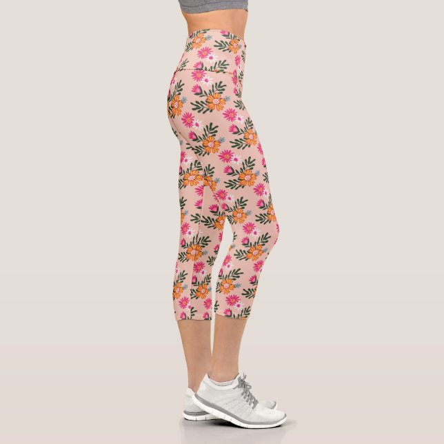 Summer Flower Bouquet On Pink Capri Leggings (Right)