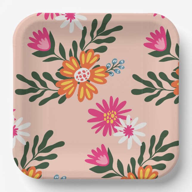 Summer Flower Bouquet On Pink Paper Plate (Front)