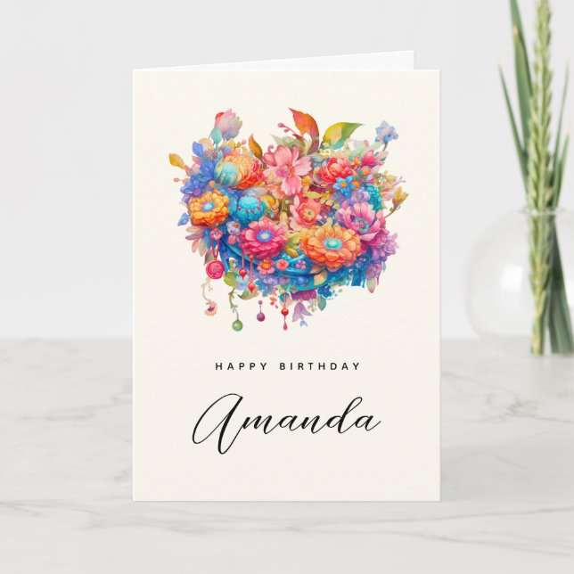 Summer Flower Bouquet Whimsical Boho Birthday Card (Front)