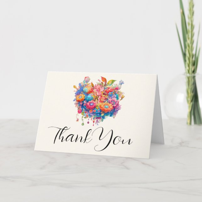Summer Flower Bouquet Whimsical Boho Thank You Card (Front)