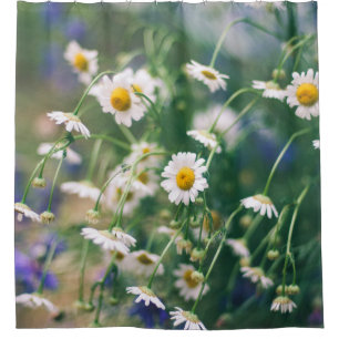 Summer flower pattern in green meadow with blue an shower curtain