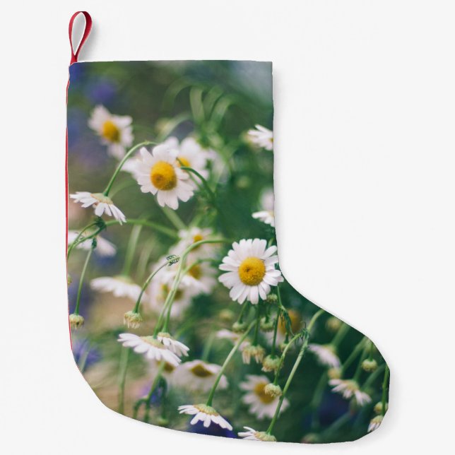 Summer flower pattern in green meadow with blue an small christmas stocking (Front)