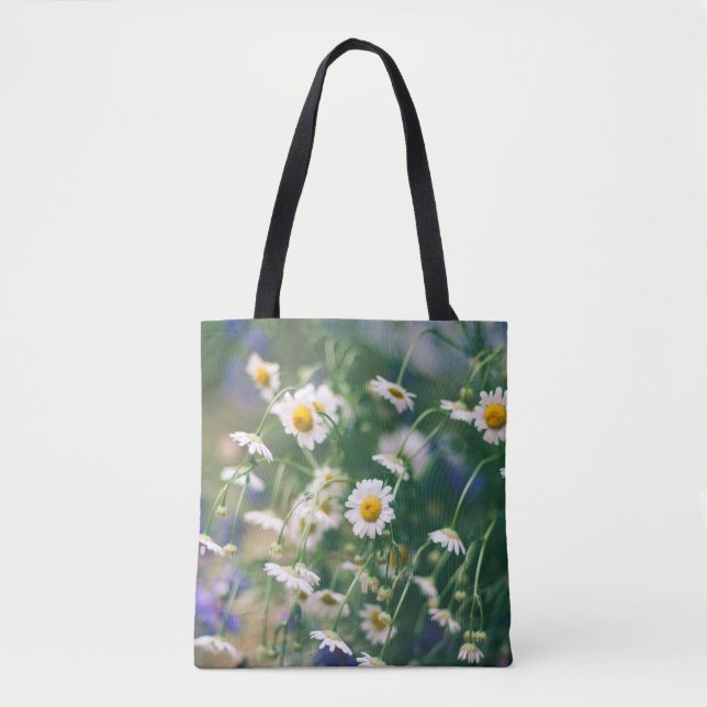 Summer flower pattern in green meadow with blue an tote bag (Front)