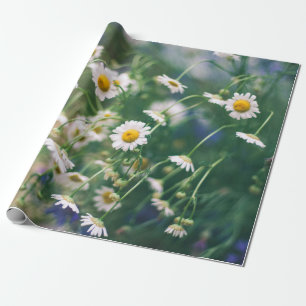 Summer flower pattern in green meadow with blue an wrapping paper