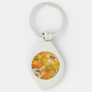 Summer Flowers abstract Orange Gold Yellow Button Key Ring