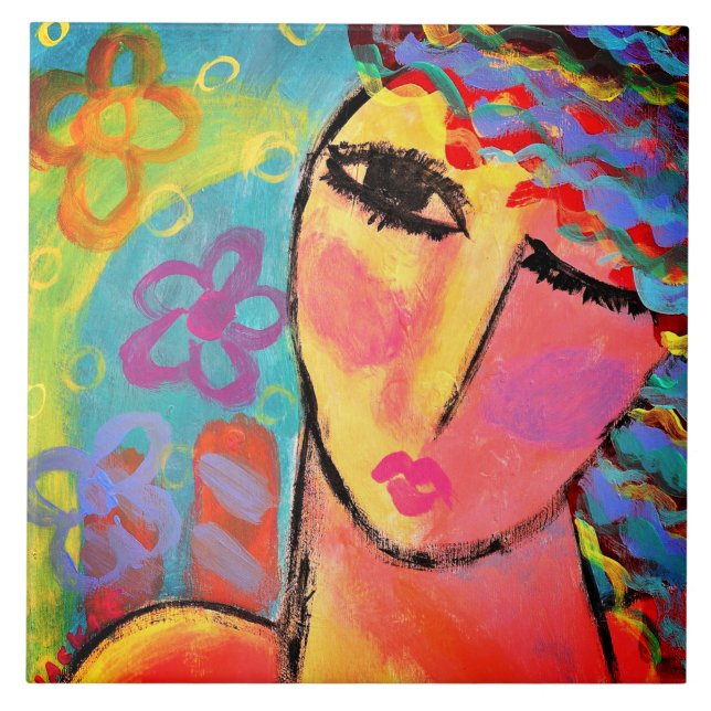 Summer Flowers Abstract Portrait of a Woman Tile (Front)