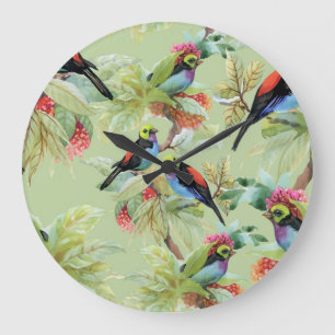 Summer Flowers Birds: Tropical Pattern Large Clock