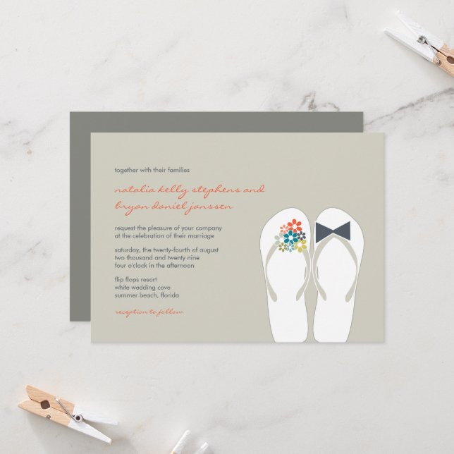 Summer Flowers Bride & Groom Flip Flops Wedding Invitation (Front/Back In Situ)