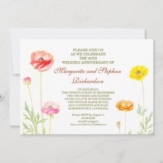 summer flowers garden wedding anniversary invitation (Front)