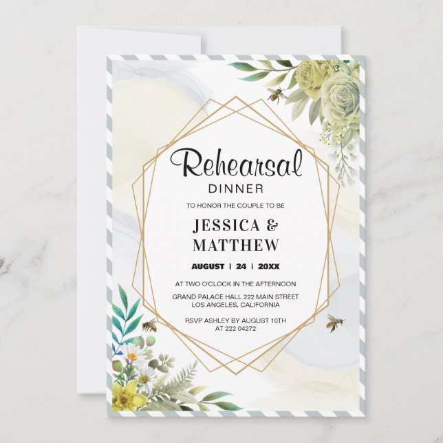 Summer Flowers Golden Frame Rehearsal   Invitation (Front)