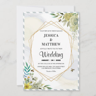 Summer Flowers Golden Frame Wedding Invitation