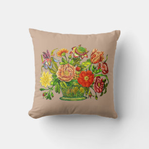 Summer Flowers in a Basket, Beige Background Cushion