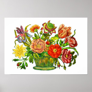 Summer Flowers in a Basket, Vintage Art Poster