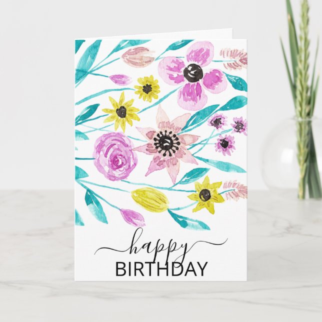 Summer Flowers Leaves Watercolor Happy Birthday Card (Front)