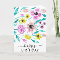 Summer Flowers Leaves Watercolor Happy Birthday