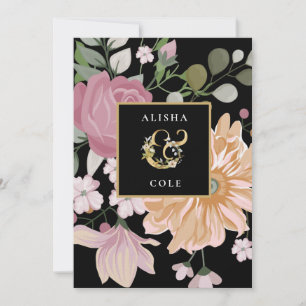 Summer Flowers on Black Wedding Invitation