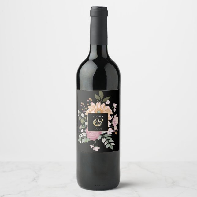 Summer Flowers on Black Wedding Wine Label (Front)