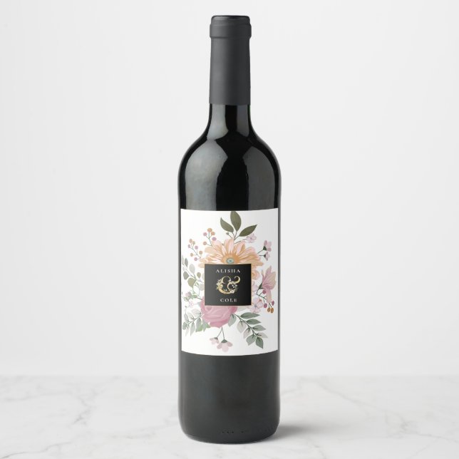 Summer Flowers on White Wedding Wine Label (Front)