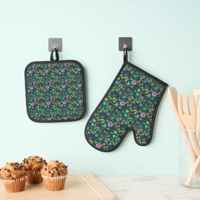 Summer flowers oven mitt & pot holder set (Insitu(Hanging))