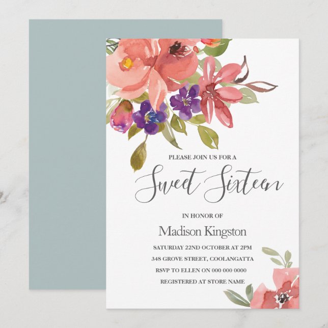 Summer Flowers Peach Sweet 16 Birthday Invite (Front/Back)