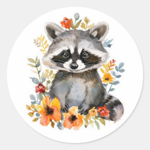Summer Flowers Racoon Watercolor Classic Round Sticker
