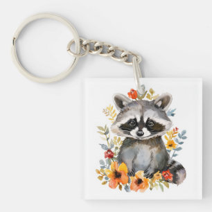 Summer Flowers Racoon Watercolor Key Ring