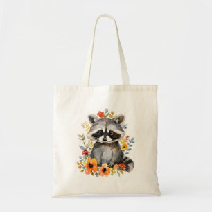 Summer Flowers Racoon Watercolor Tote Bag
