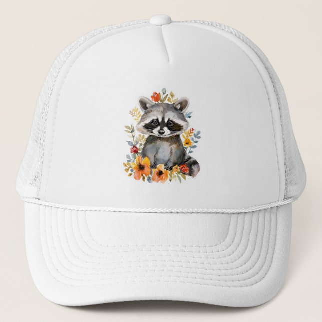 Summer Flowers Racoon Watercolor Trucker Hat (Front)