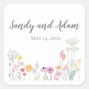 Summer Flowers Square Wedding Favour Stickers
