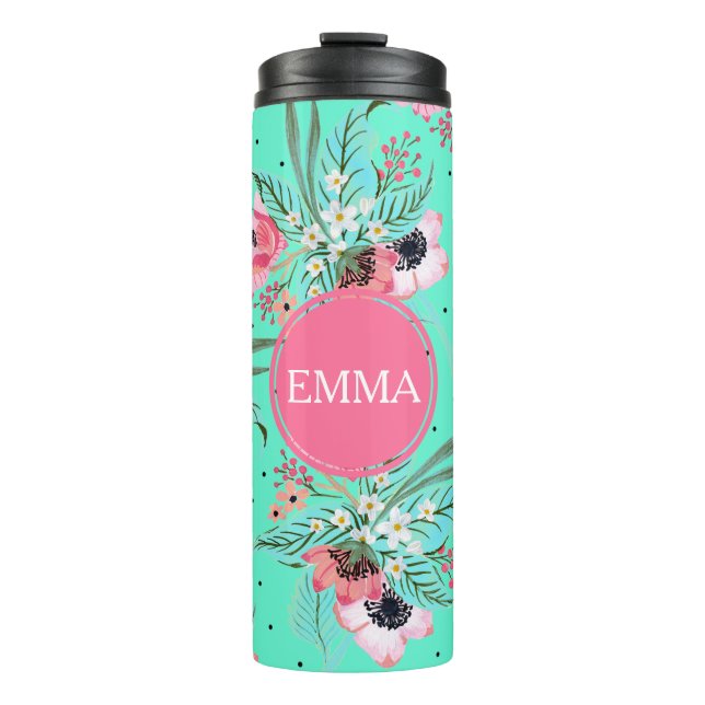 Summer Flowers Teal Personalised Thermal Tumbler (Front)