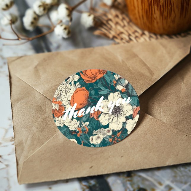 Summer flowers thank you classic round sticker (Pretty flower thank-you sticker featuring a delicate and colorful floral design)