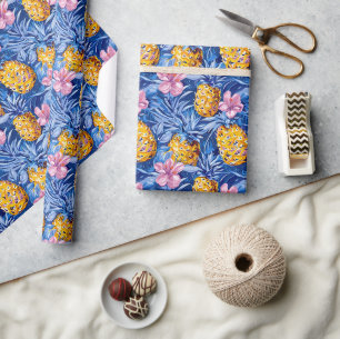 Summer Flowers Tropical Pineapple Floral Pattern Wrapping Paper