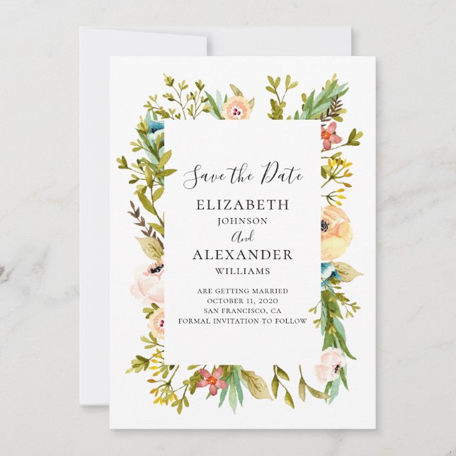 Summer flowers wedding invitation. Spring floral Save The Date (Front)