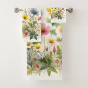 Summer Flowers Wildflowers on White Towel Set