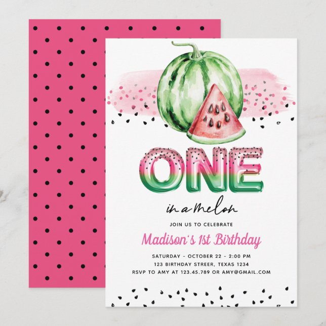Summer Foil Balloon Letters Melon First Birthday Invitation (Front/Back)