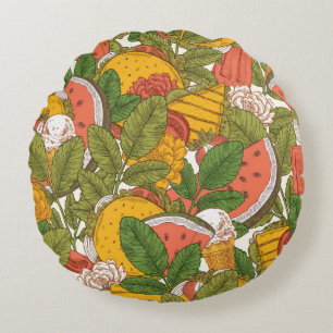 Summer food seamless pattern. Sanwiches,ice cream Round Cushion