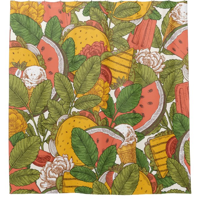 Summer Food Vintage Illustration Pattern Shower Curtain (Front)