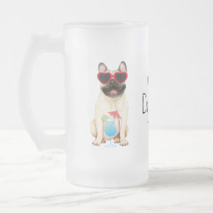 Summer French Bulldog Frosted Glass Beer Mug