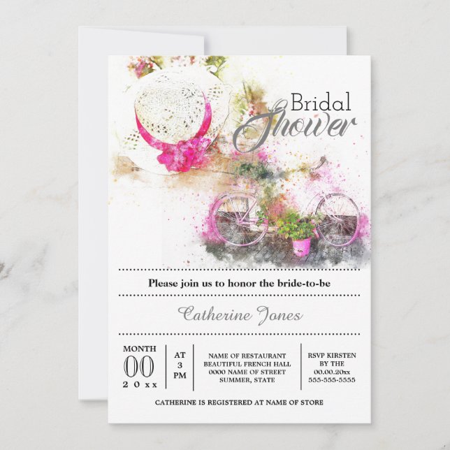 Summer french floral hat bridal shower tuscan invitation (Front)