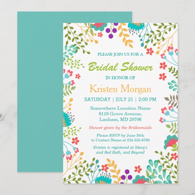 Summer Fresh Floral Teal Blue Bridal Shower Invitation (Front/Back)