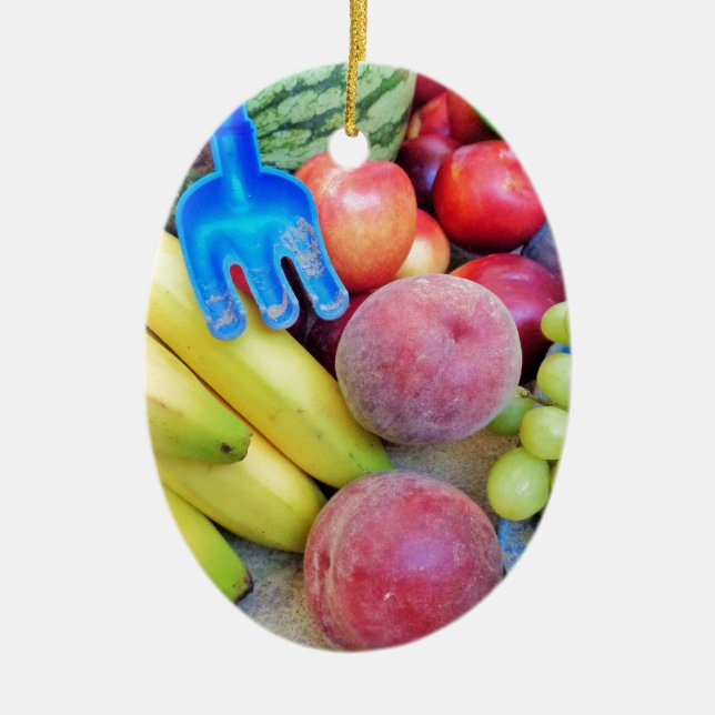 Summer Fruit, Food, Melon, Grapes, Peaches, Banana Ceramic Tree Decoration (Front)