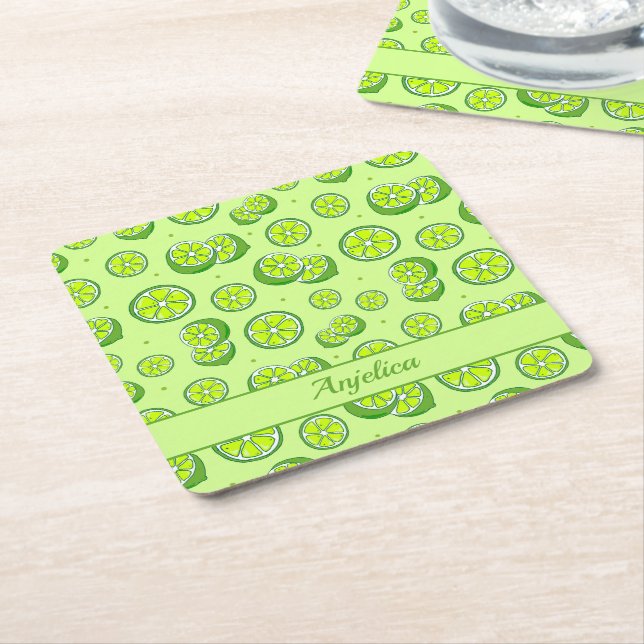 Summer Fruit Limes and Lime Slices Square Paper Coaster (Angled)
