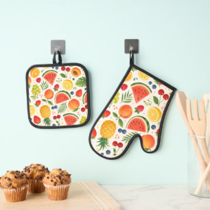 Summer Fruit Pattern Fabric Tropical Watermelon Oven Mitt & Pot Holder Set