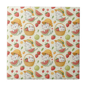 Summer Fruits Cat Pattern - Picnic Design for Kids Tile