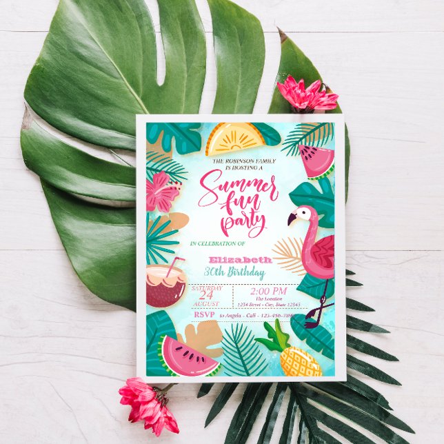 Summer, Fruits, Palm Leaf Pool Birthday Party Invitation (Creator Uploaded)